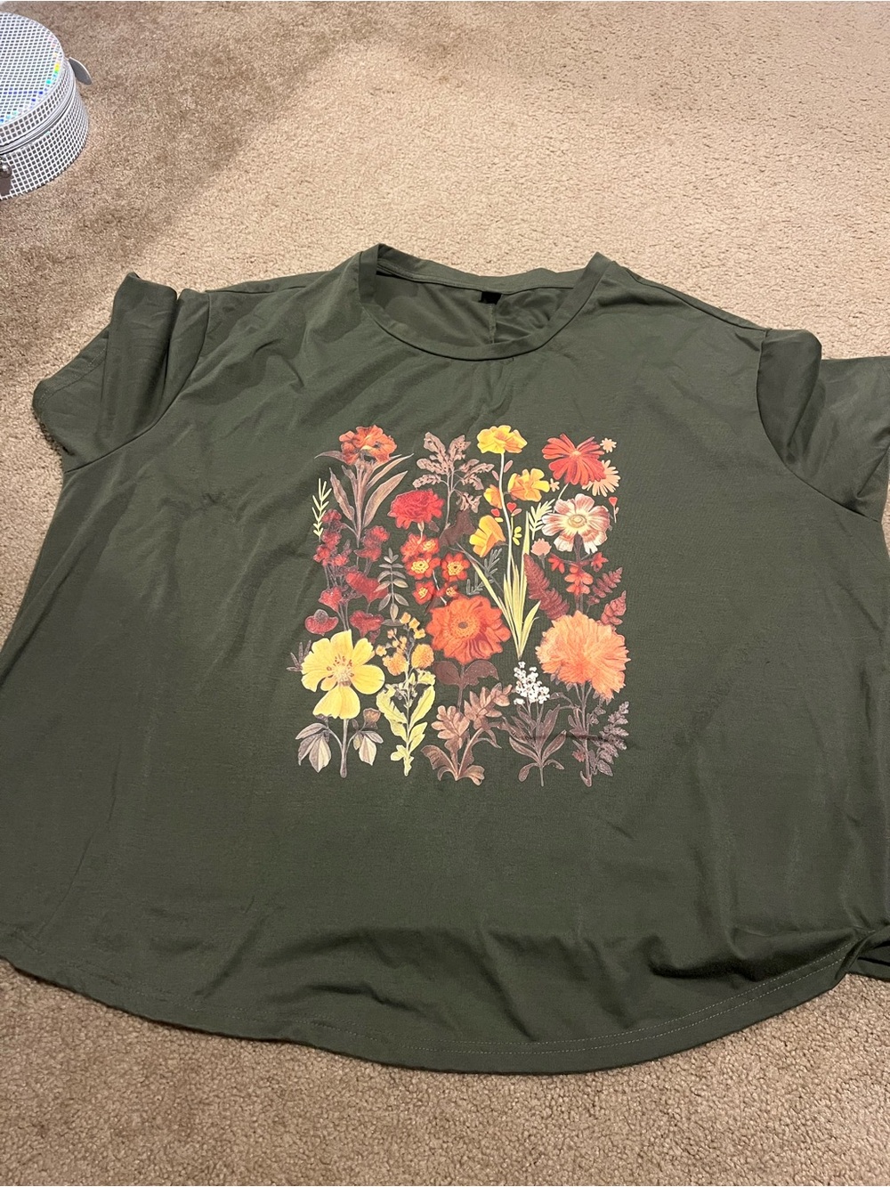 SHEIN Olive Green Short Sleeve Tee with Multicolor Floral Print